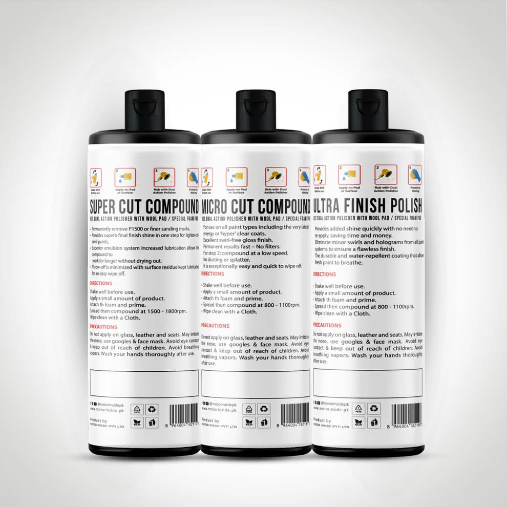 Three bottles of car polish with labels.