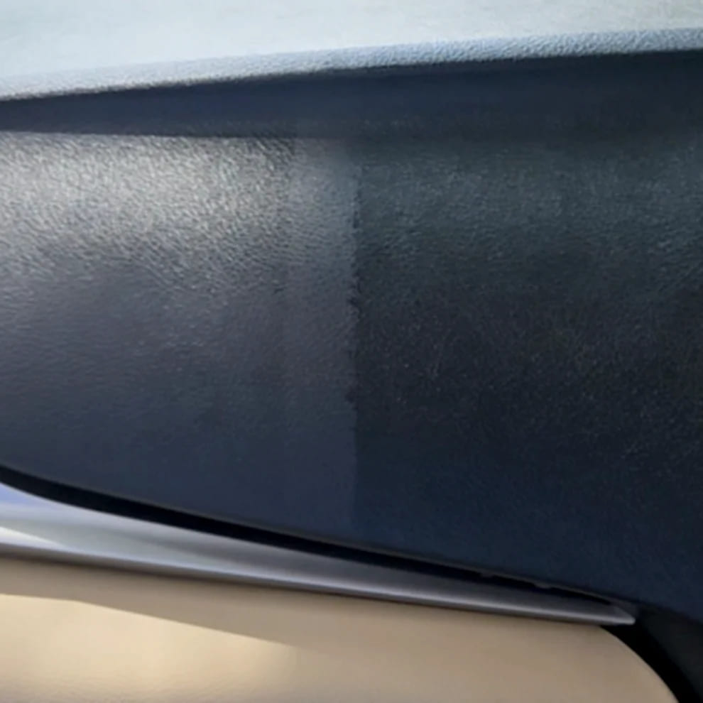 Before and after of car dashboard after applying dashboard polish.