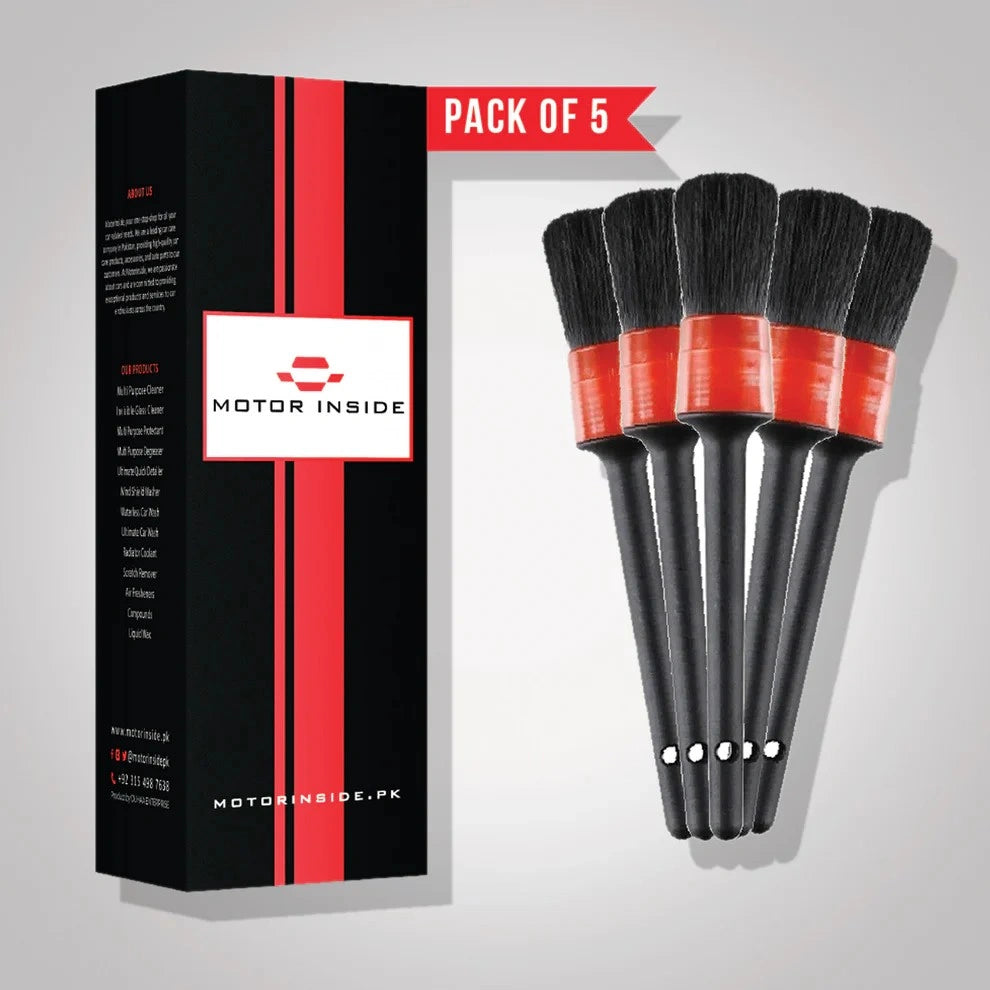Pack of 5 car cleaning brushes with Motor Inside packaging.