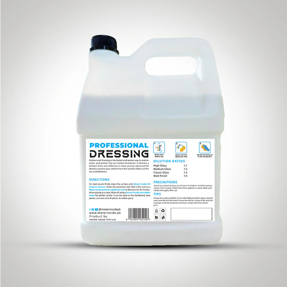 Back side of Motor Inside Professional Dressing showing usage directions, product benefits, and safety instructions for interior car care.