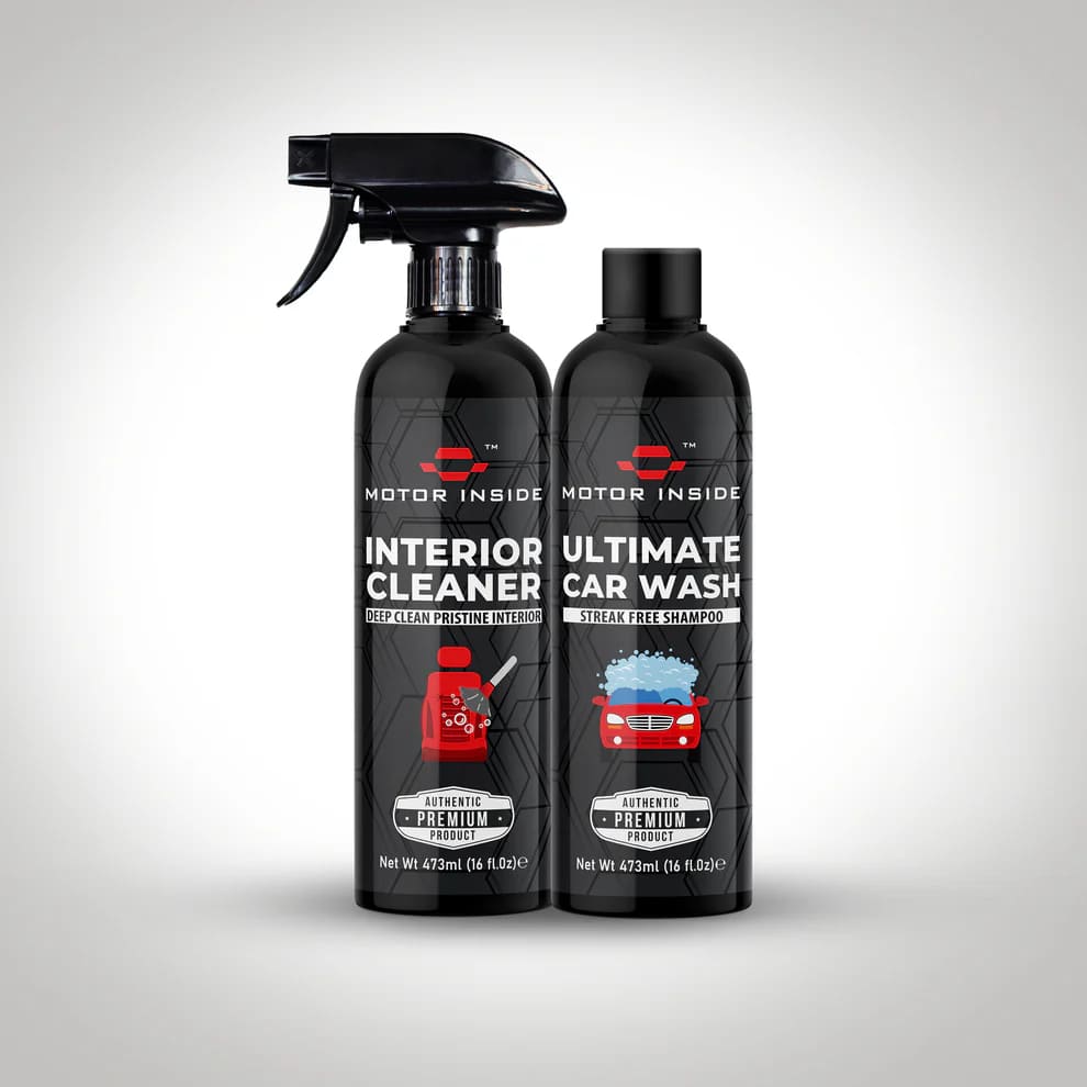 Two car care products: Interior Cleaner for dashboards and upholstery, and Ultimate Car Wash Shampoo for exterior deep cleaning