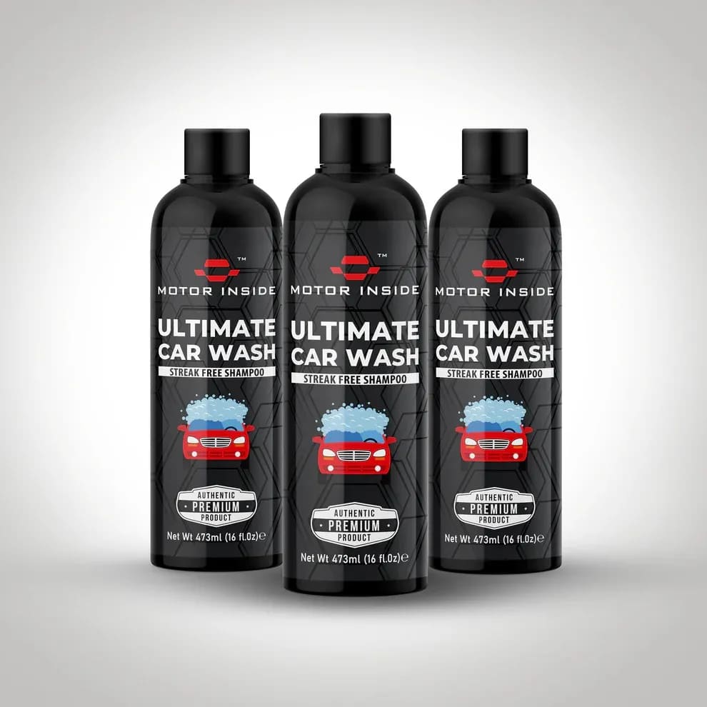 Three bottles of 'Motor Inside Ultimate Car Wash' for gentle and effective vehicle cleaning