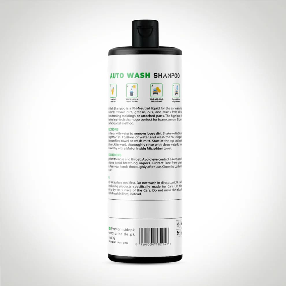 Back view of auto wash shampoo bottle showing product details, usage instructions, and safety information on the label.