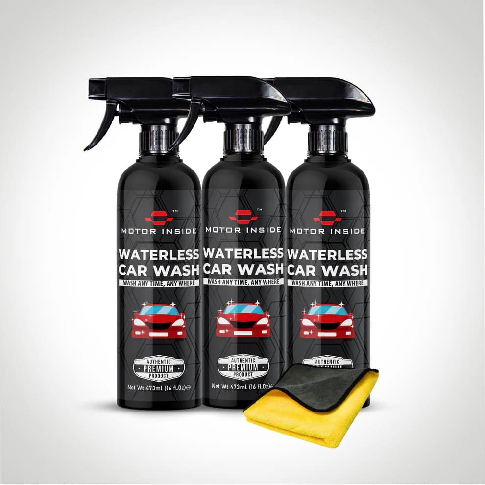 Pack of 3 waterless car wash spray bottles with a microfiber towel, eco-friendly cleaning solution for cars without using water.