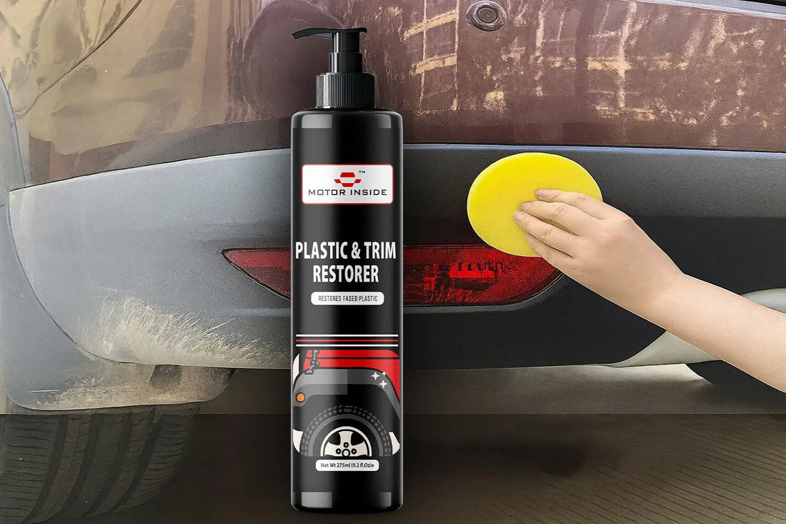 Before and after result of motor inside plastic & trim restorer