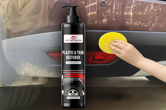 Before and after result of motor inside plastic & trim restorer