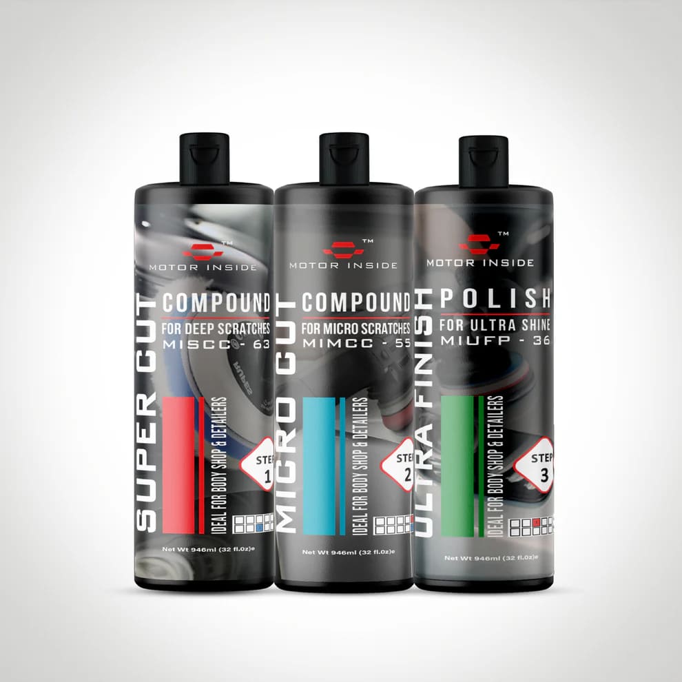 Three bottles of car care products from Motor Inside.