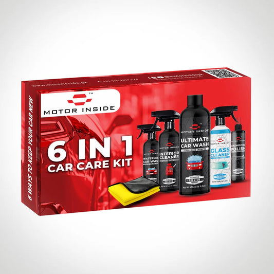 6-in-1 car care kit packaging with multiple bottles and a microfiber towel.