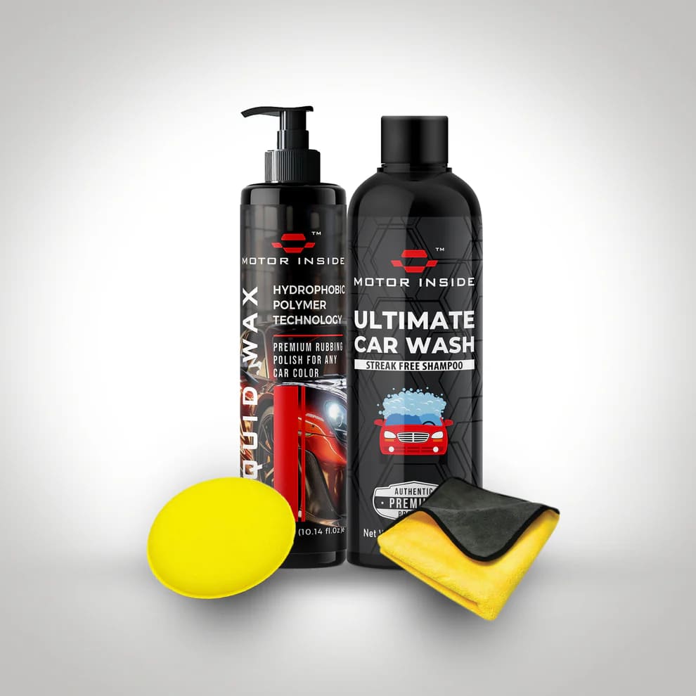 Motor Inside Car Exterior Kit with Ultimate Car Wash 473ml, Liquid Wax 295ml, applicator pad, and microfiber towel