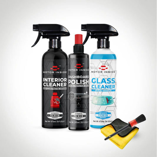 Motor Inside Car Interior Kit with interior cleaner, dashboard polish, glass cleaner, detailing brush, and microfiber towel