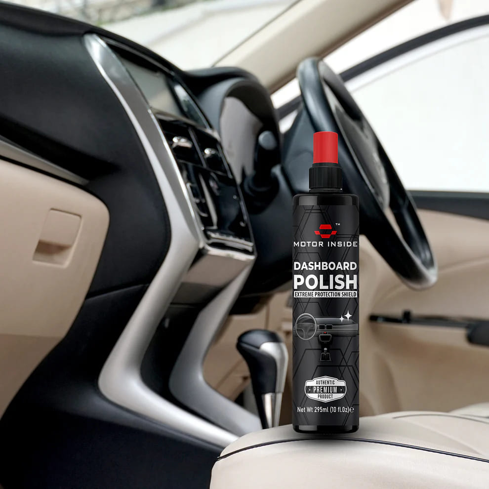 Motor Inside Dashboard Polish bottle on a car seat.