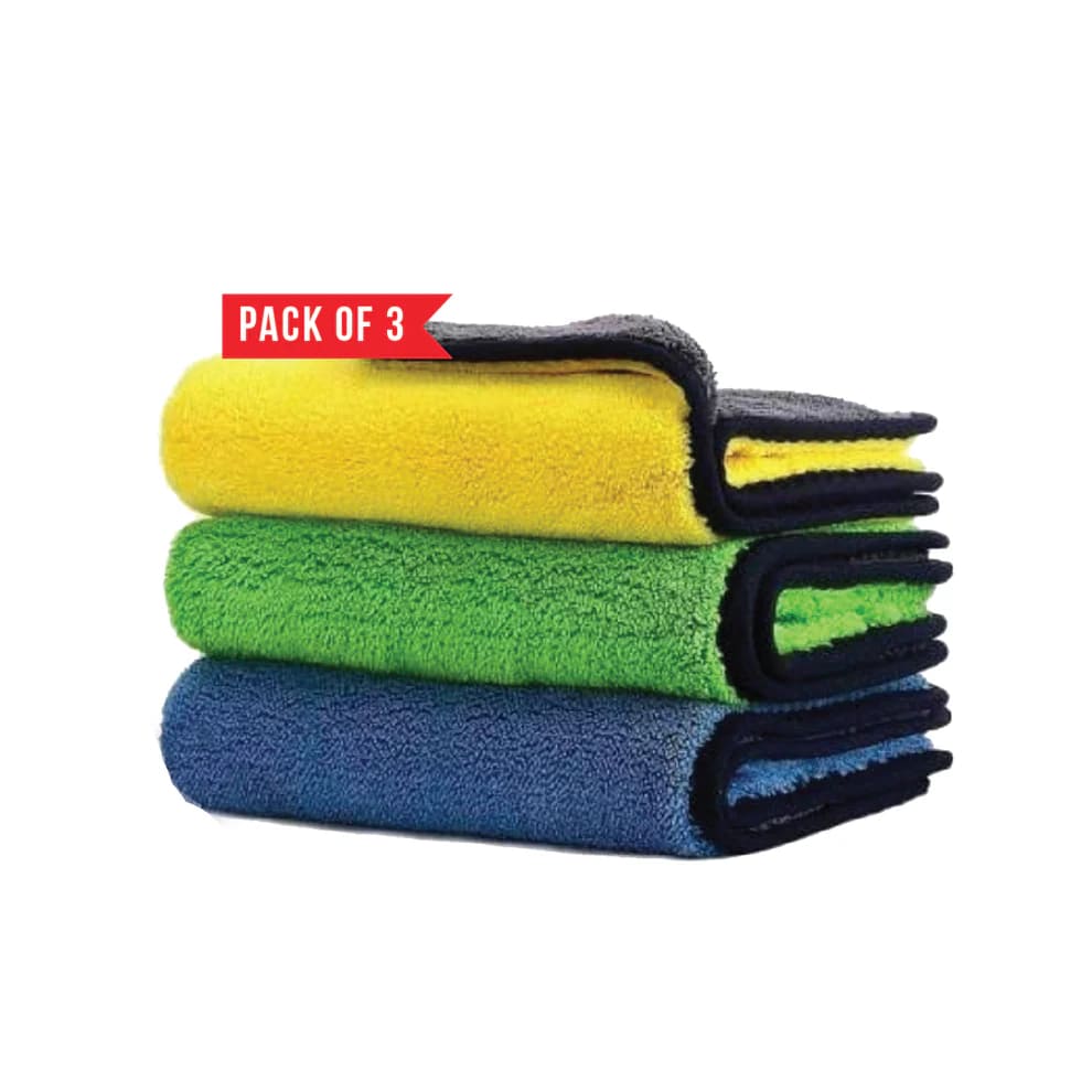 Stack of three microfiber cloths 800 gsm  in yellow, green, and blue.