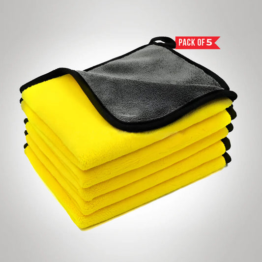 A pack of five microfiber towels in yellow and black colors,designed for scratch-free cleaning purposes.
