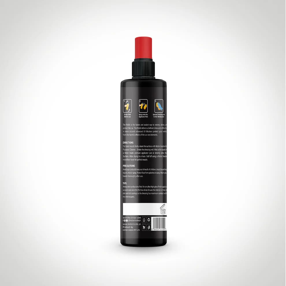 Back view of Tire Polish bottle displaying product description, directions, precausions, and tips