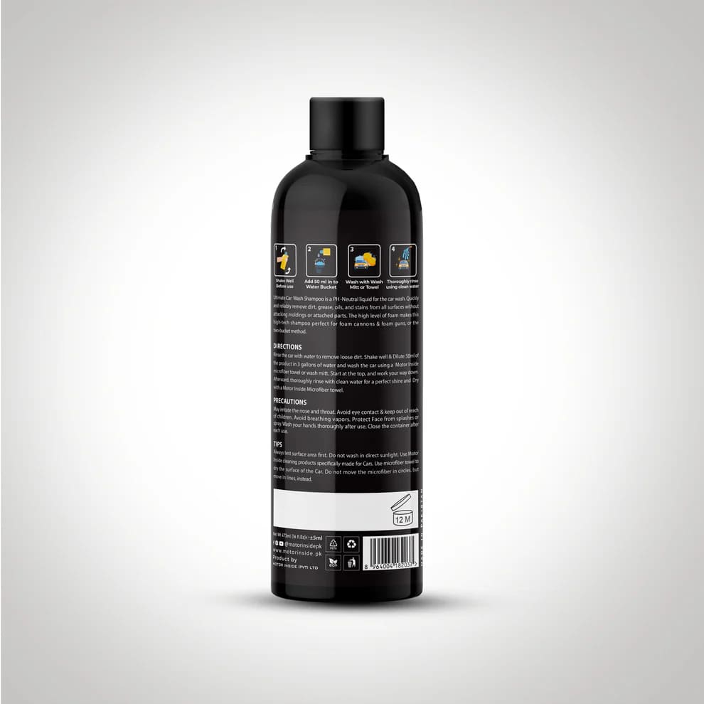 Back side of ultimate car wash shampoo with label.