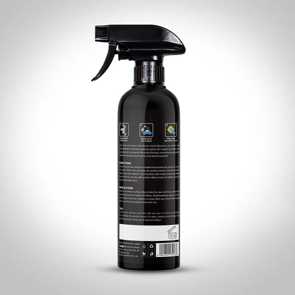 Back view of waterless car wash bottle displaying product description, usage instruction, precautions and tips.