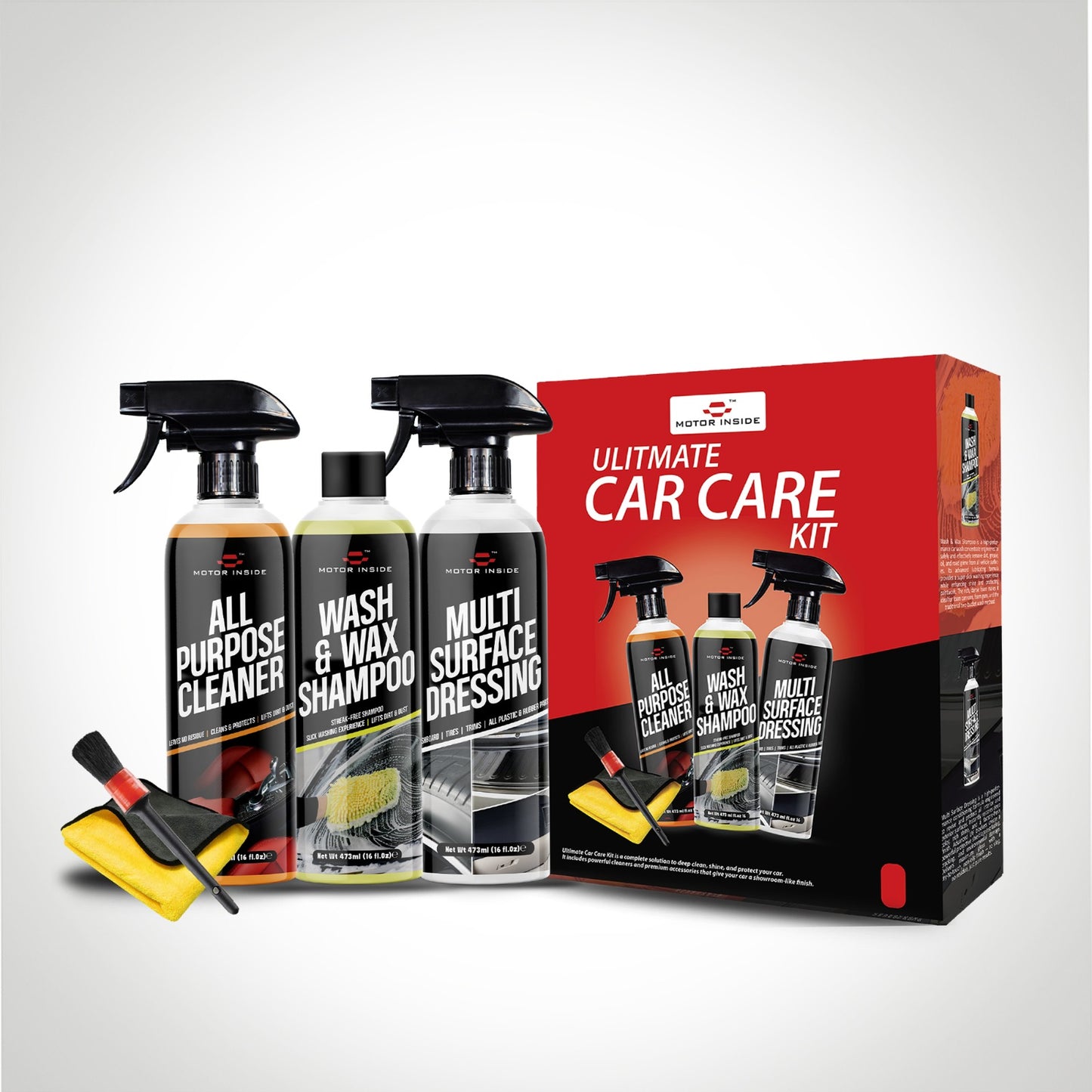 Ultimate Car Care Kit (Wash & Wax Shampoo, All Purpose Cleaner, Multi Surface Dressing, Microfiber Towel, Detailing Brush)