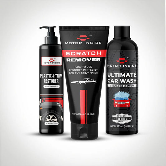 Three car care products including a plastic & trim restorer, scratch remover, and ultimate car wash shampoo